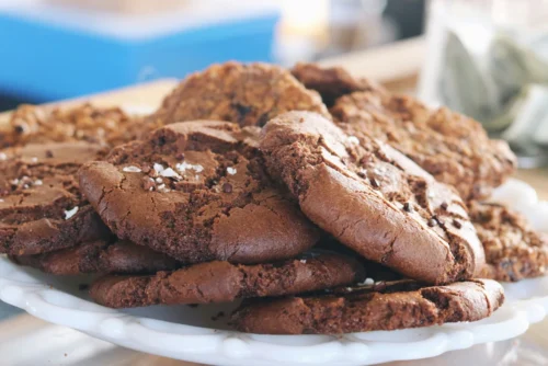A plate of cocoa chocolate chip cookies