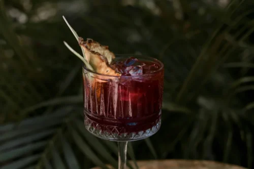 Dark red cocktail with ice