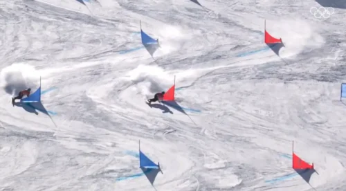 Snowboarders racing in a parallel slalom