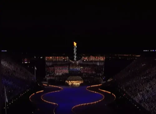 The Olympic flame shining over Salt Lake City