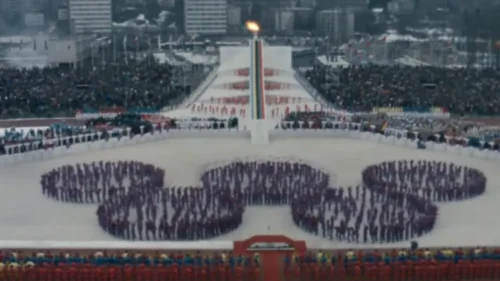 The performers forming the Olympic rings at the Sarajevo opening ceremony